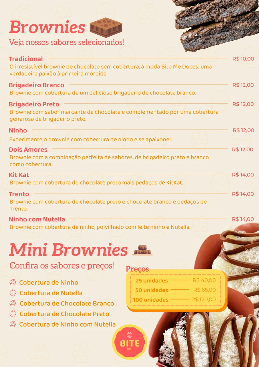 Imagem de brownies e mini brownies do cardápio B2C da Bite Me Doces.