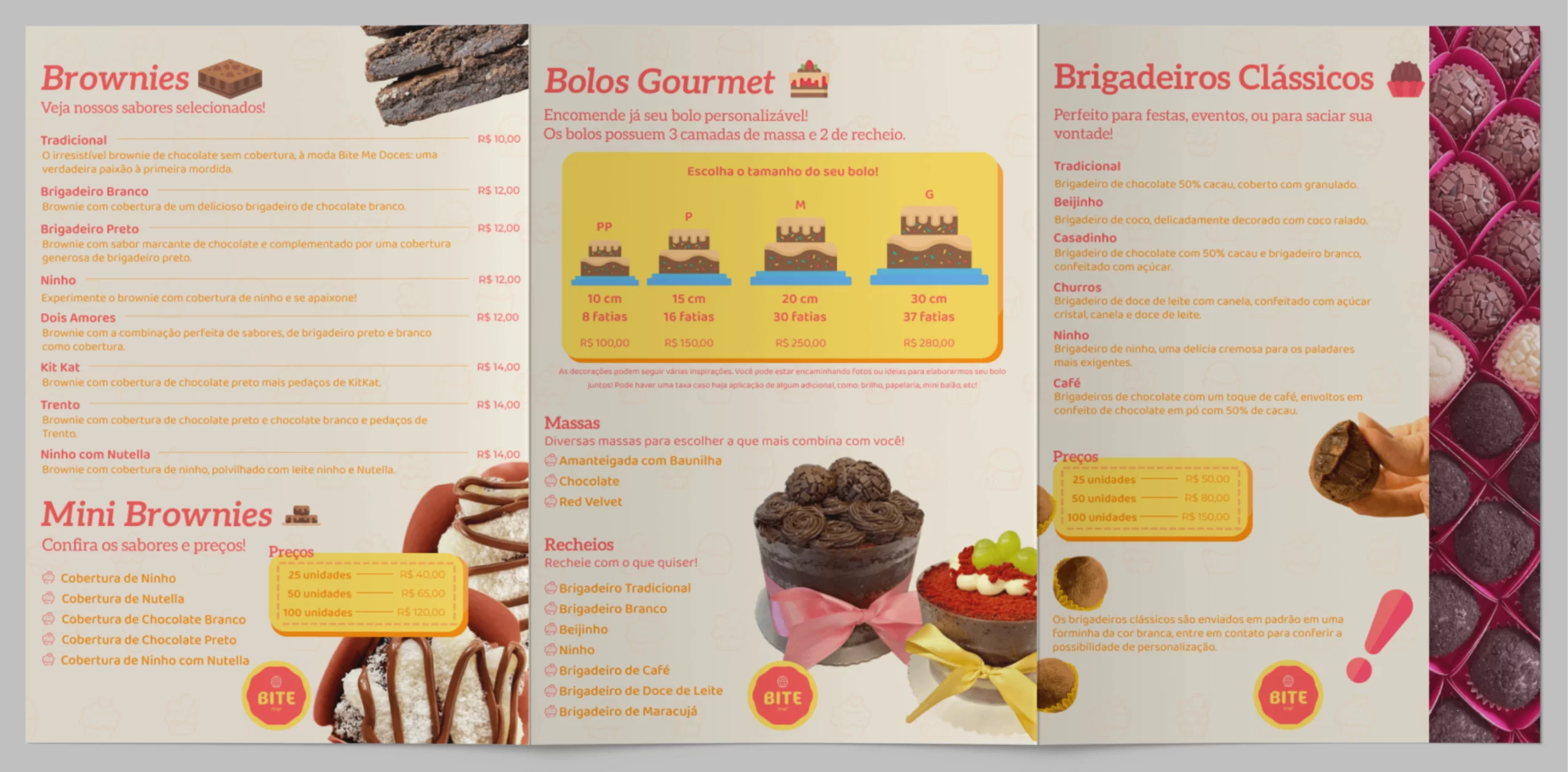 Resultado final do cardápio da Bite Me Doces, com design completo e opções de produtos.